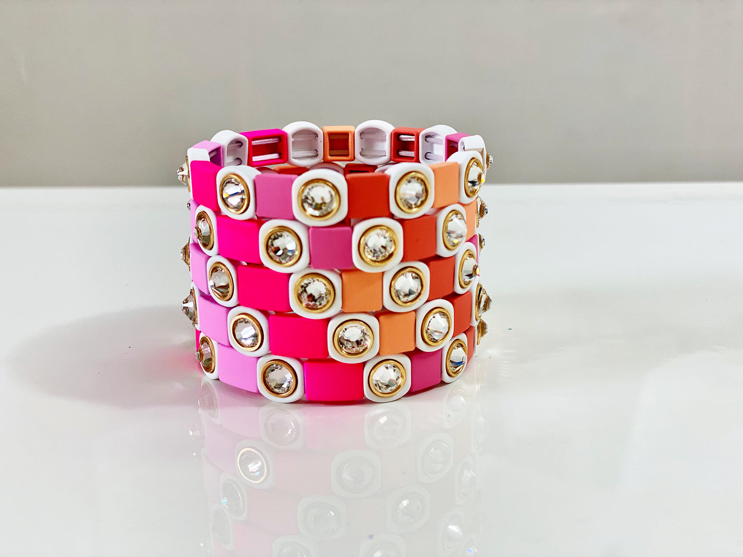 Pink and White Matte Crystal Enamel Tile Beads, Crystal Colorblock Bracelets, Enamel Beads, Trendy Tila, Stretch Bracelets, Tile Beads