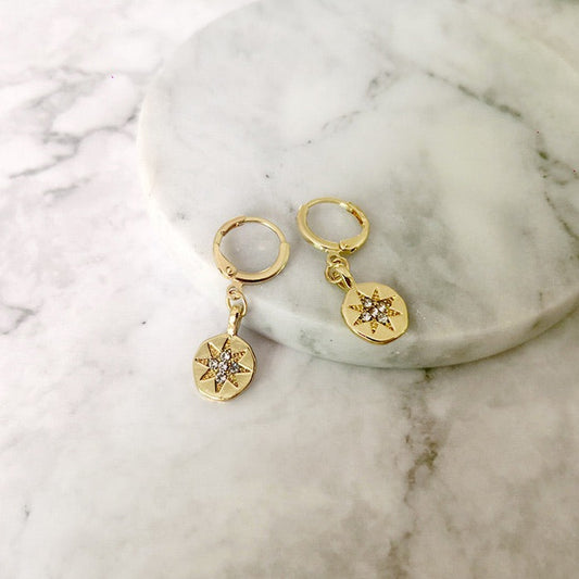 Gold Plated Eight-point Star Earrings, Dainty Second Hole Earrings, Star Hoop Earrings, Gold Hoops, Huggies, Dainty Gold Hoops, Punk Earrings