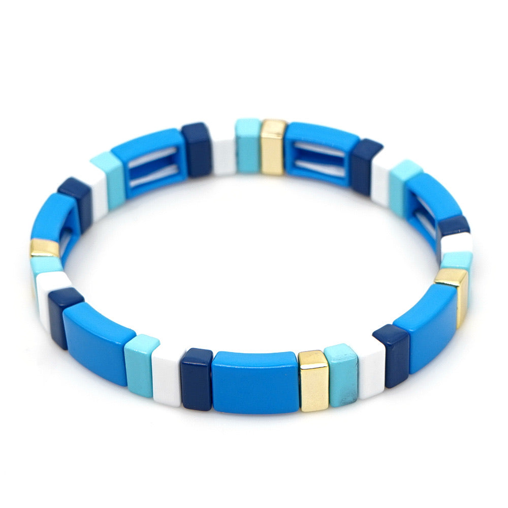 Blue White Gold Mix Enamel Tile Bead Bracelet, Colorblock Bracelet