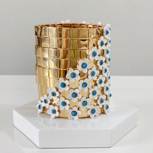 Gold Daisy Enamel Tile Beads, Flower Colorblock Bracelets