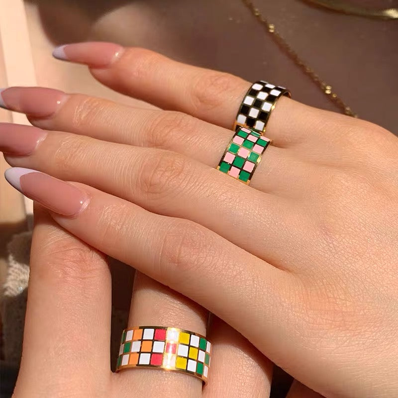 18K Gold Plated Checkered Black and White Ring, Checkered Rainbow Ring