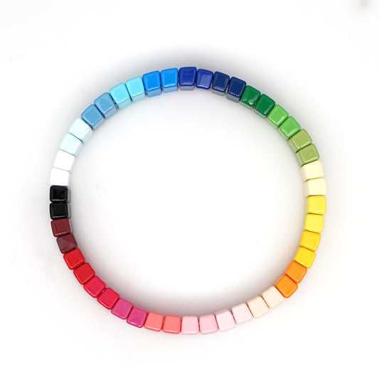 Narrow Rainbow Enamel Tile Beads, Colorblock Bracelets, Enamel Beads, Trendy Tila, Stretch Bracelets, Bohemian Bracelets, Tile Beads