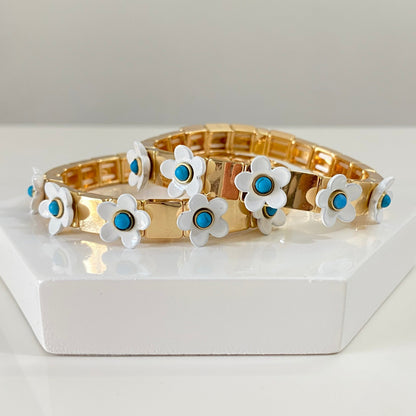 Gold Daisy Enamel Tile Beads, Flower Colorblock Bracelets