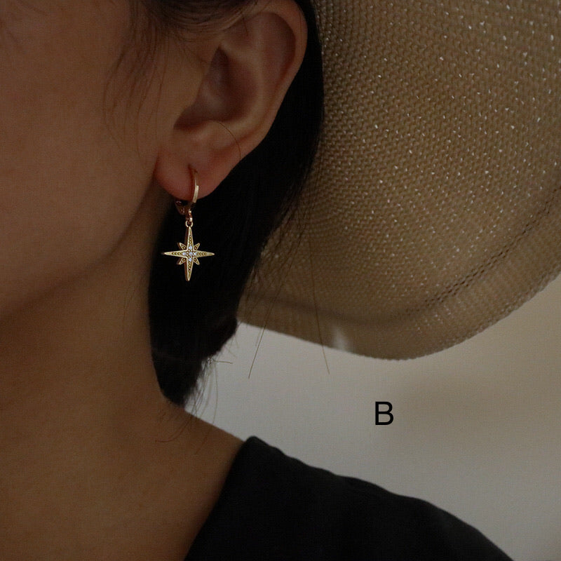 18K Gold Charm Earrings, Cross Earrings, Star Hoop Earrings, Gold Huggies