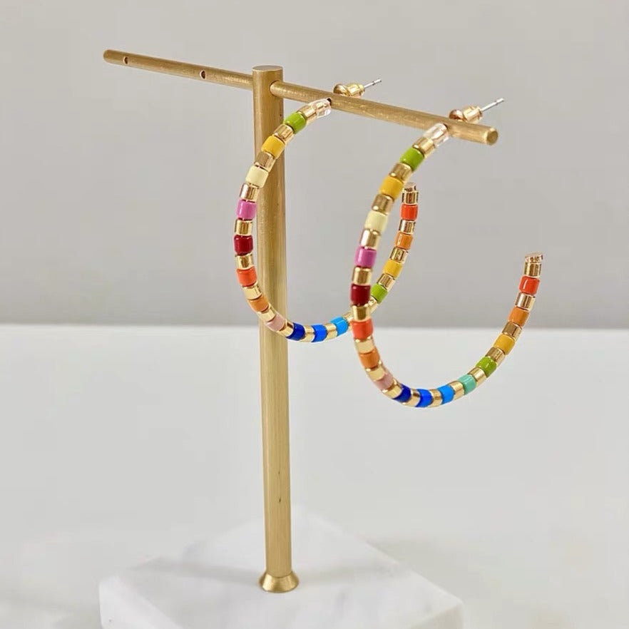 50mm Rainbow Enamel Tile Hoop Earrings, Colorblock Hoop Earrings