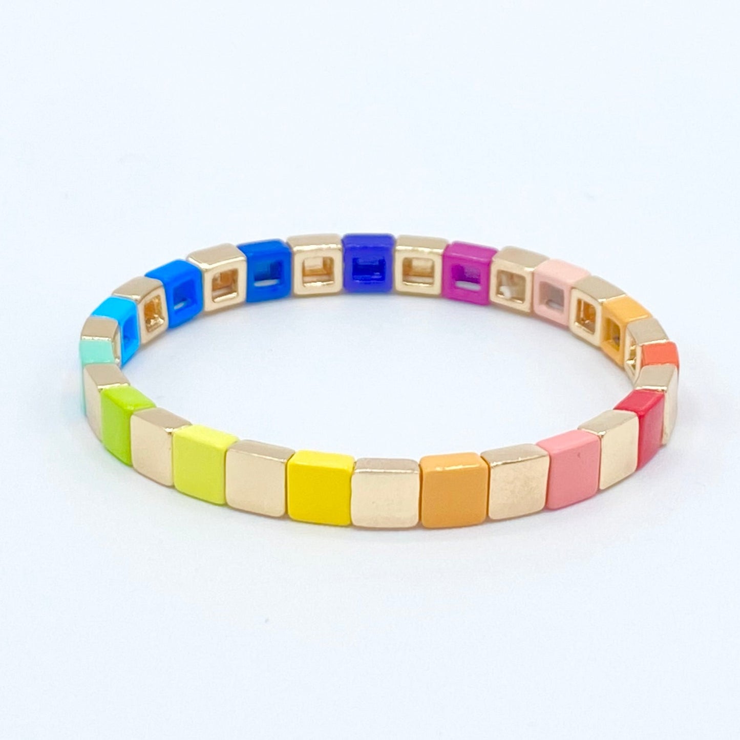 6mm Thin Rainbow Gold Enamel Tile Bead Bracelet, Colorblock Bracelets, Enamel Beads, Trendy Tila