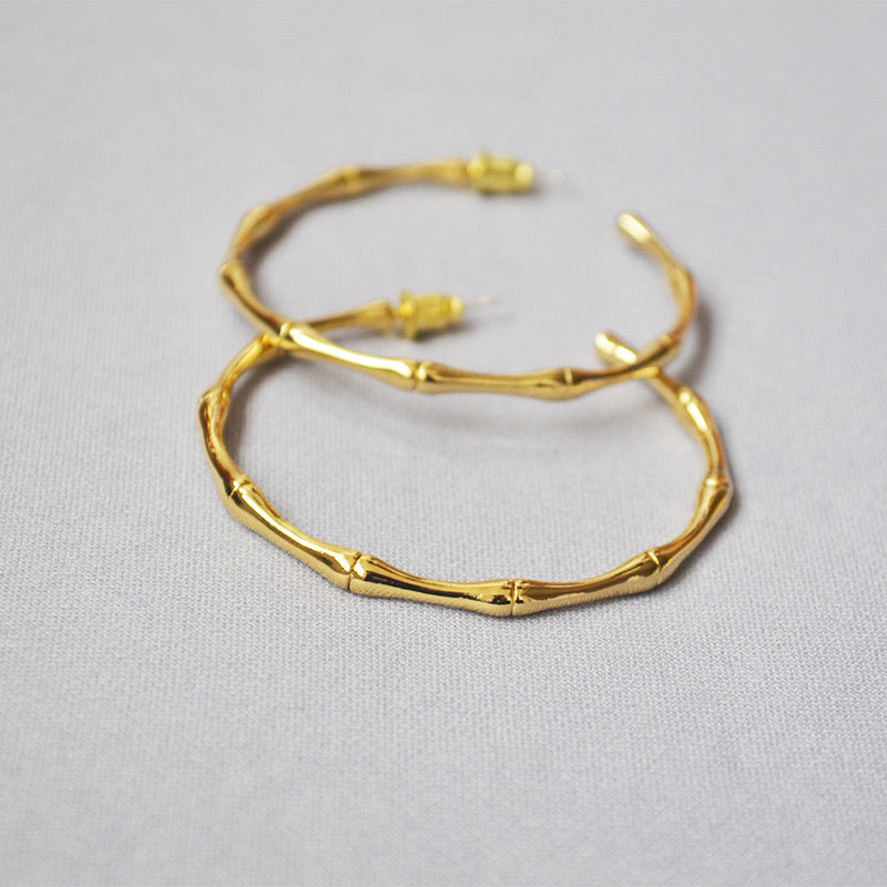 18K Gold Plated Bamboo Hoops, Gold Hoop Earrings