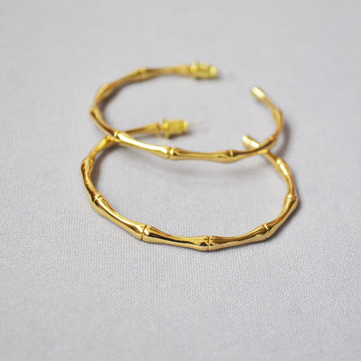 18K Gold Plated Bamboo Hoops, Gold Hoop Earrings